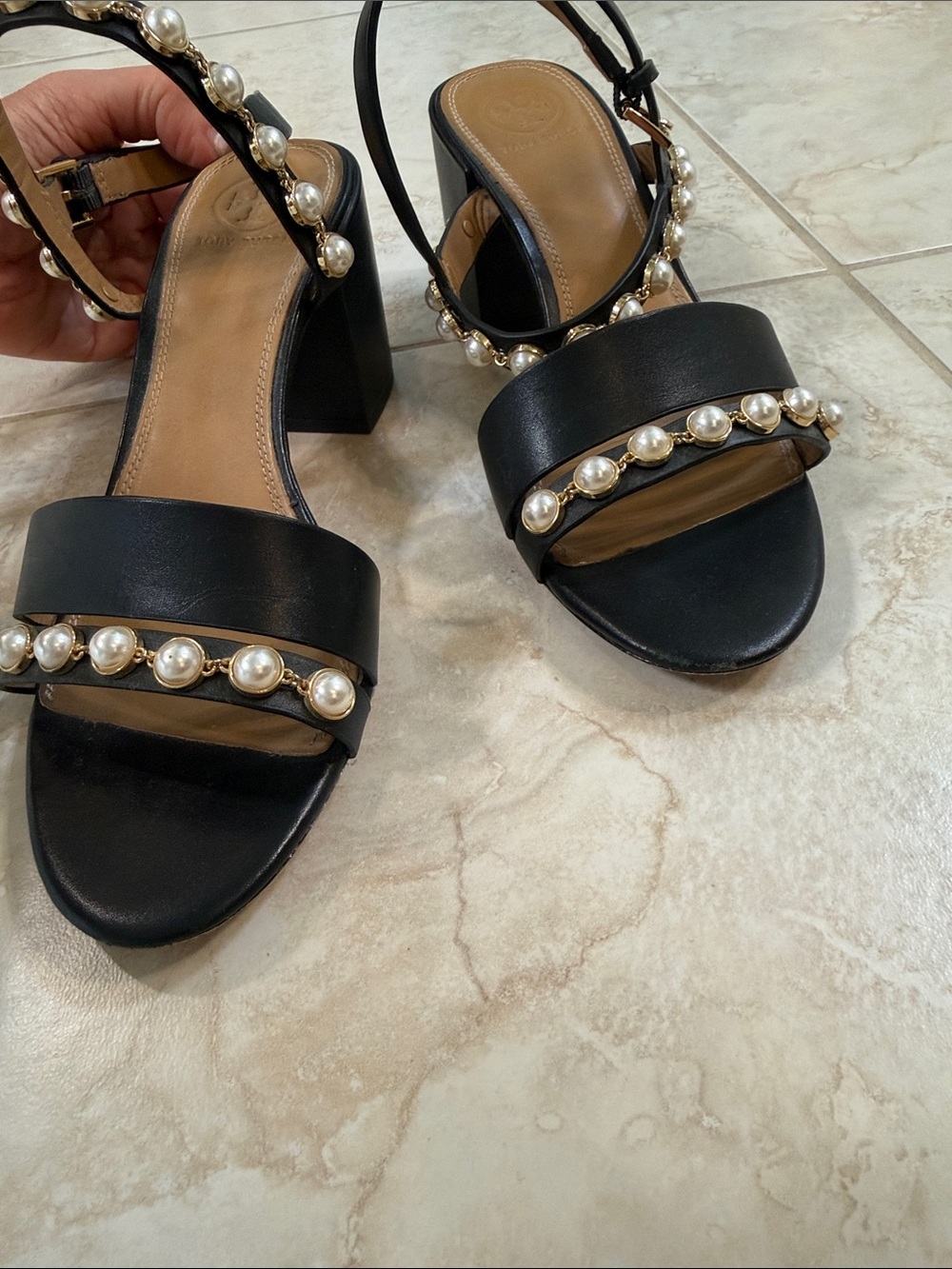 Tory Burch Black Pearl-Embellished Block Heel Sandals - Picture 2 of 5